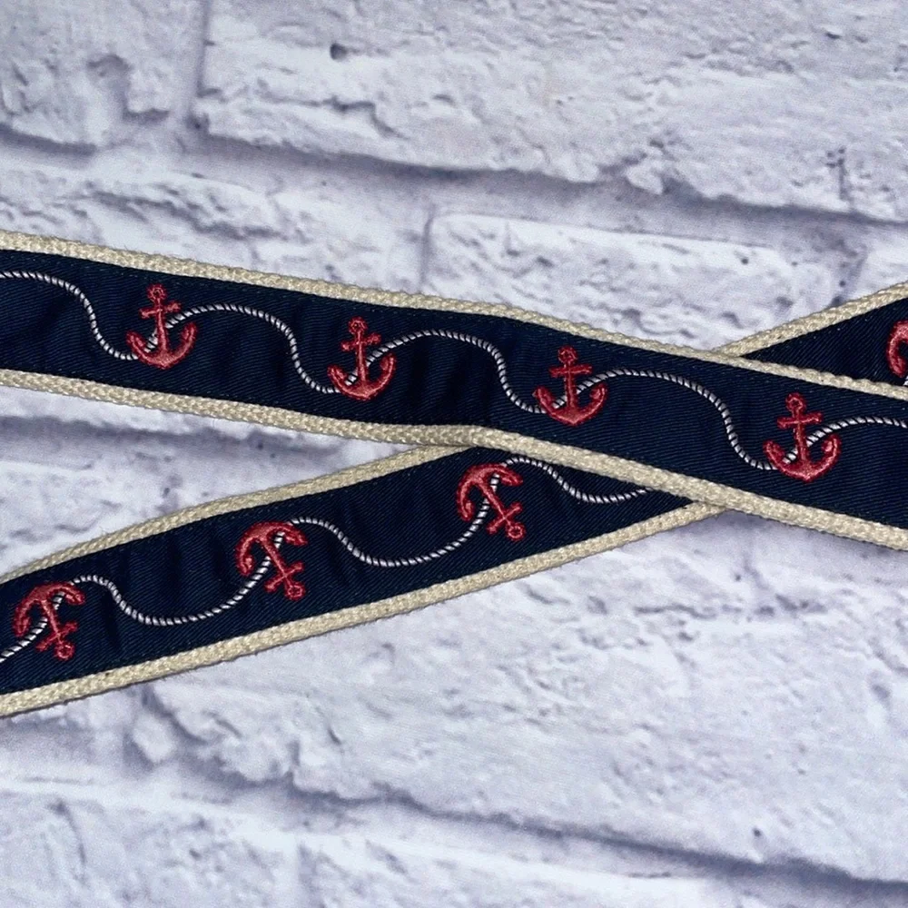 J.Crew Adjustable Double D Ring Canvas Cotton Belt S/M Navy Anchors Style 83693 - Picture 3 of 5